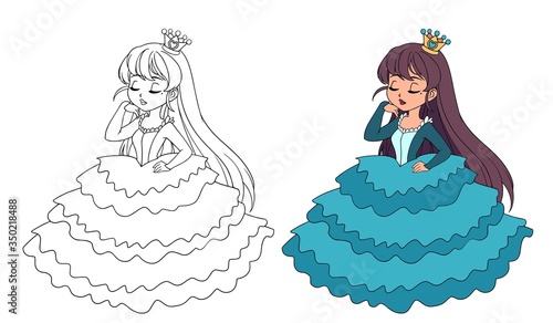 Beautiful little princess wearing long ball dress. Big cartoon eyes and head.