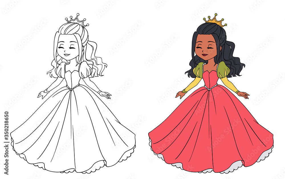 Beautiful little princess wearing long ball dress. Big cartoon eyes and head. Stock Vector | Adobe Stock Beautiful little princess wearing long ball dress. Big cartoon eyes and head. Stock Vector | Adobe Stock