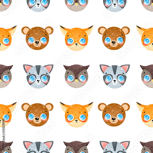 Cute cartoon faces of forest animals seamless pattern. Fox  raccoon  owl  bear seamless pattern.