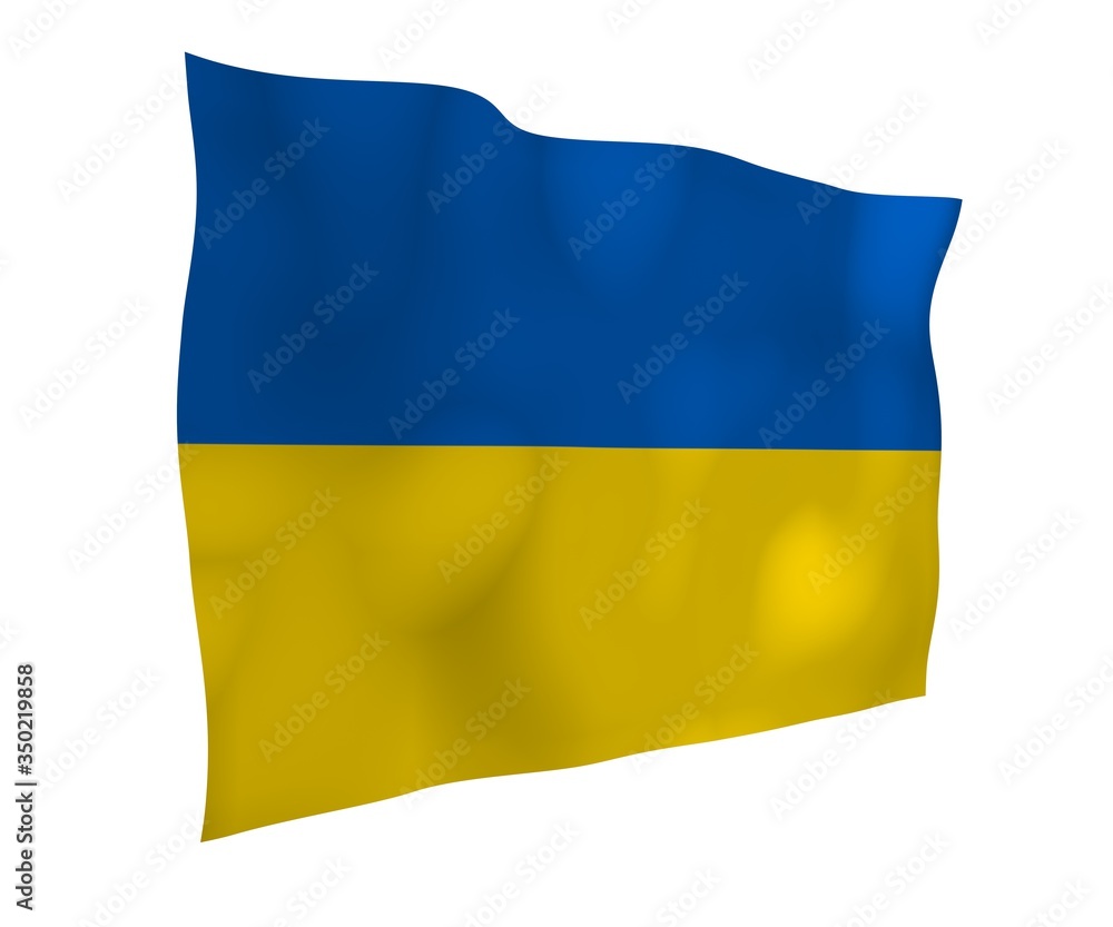 The flag of Ukraine on a white background. National flag and state ensign. Blue and yellow bicolour. 3D illustration waving flag The flag of Ukraine on a white background. National flag and state ensign. Blue and yellow bicolour. 3D illustration waving flag