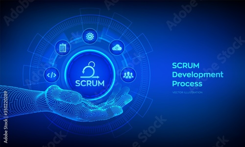 SCRUM icon in robotic hand. Agile development methodology process. Iterative sprint methodology. Programming and application design technology concept. Vector illustration.