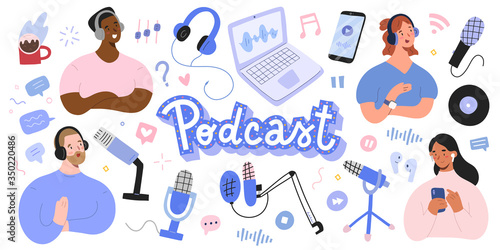 Podcast collection, podcasters and listeners, various microphones and headset, home studio equipment for recording selfmade podcast show, isolated vector illustrations, cartoon characters