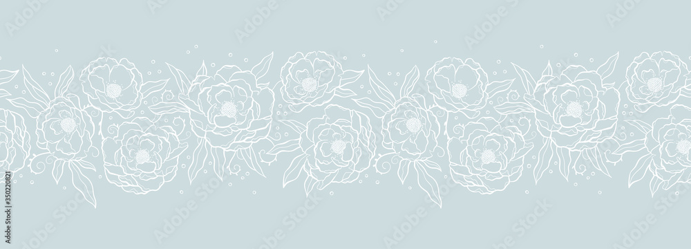 Lovely hand drawn peony horizontal seamless pattern, floral doodle background, great for textiles, banners, wrapping, backdrops - vector design