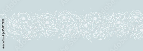 Lovely hand drawn peony horizontal seamless pattern, floral doodle background, great for textiles, banners, wrapping, backdrops - vector design