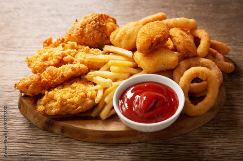 fast food meals : onion rings, french fries, chicken nuggets and fried chicken photo