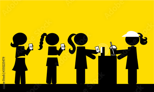 woman icon are staying in line. They are buying a bubble tea in shop by using cashless technology on mobile phone. contactless payment by smartphone. 