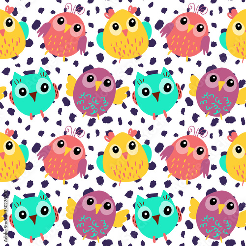 Cute Hand drawn chickens and owls, seamless pattern © GVGraphics