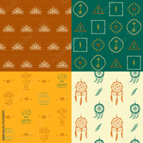 Ethnic native ornamental seamless patterns set with dream catchers, lotos flowers, feather amulets