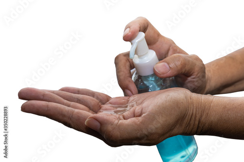 Hand holding a bottle of alcohol with isolated white background