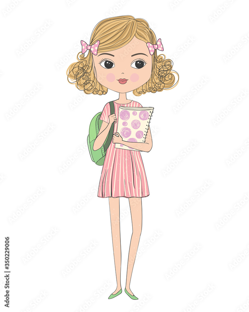 Hand drawn cute curly schoolgirl in dress with backpack and folder in hands. Back to school concept. Vector illustration isolated on white background