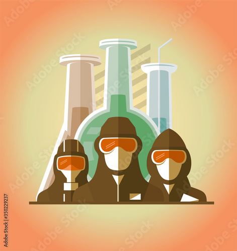 Scientists, lifeguards, doctors, builders dressed in protective suits and masks, map of the earth and test tubes on a backdrop