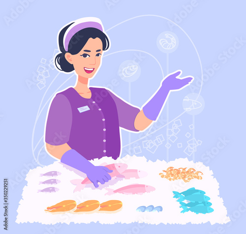 A woman fish seller is behind the counter with seafood on the ice. A girl worker holding a fresh fish, showing the hand gesture at something, smiles. A fish market saleswoman. 