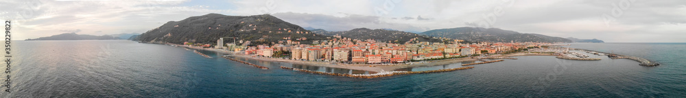 Fototapeta premium Chiavari at sunset, Italy. Aerial view from drone