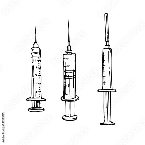 Medical syringe, squirt, gun, injector, hypodermic set. Doodle stock vector illustration. Black and white hand drawn ink drawing.