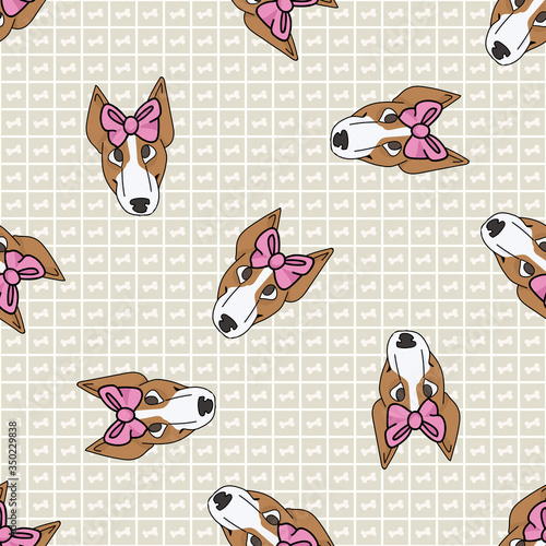 Hand drawn cute bull terrier puppy face with pink bow seamless vector pattern. Purebred pedigree show dog domestic on background. Dog lover pooch pet all over print. Kennel hound. EPS 10. 