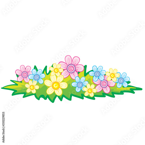 green flowerbed of yellow, blue and pink flowers, isolated object on a white background, vecton illustration,