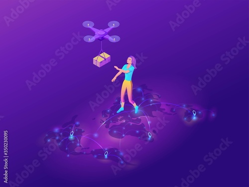Drone delivering parcel to a girl, quadcopter, concept of delivery, box transportation innovation technolodgy, 3d isometric flat vector illustration