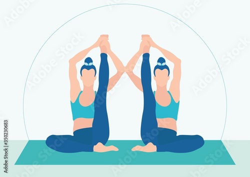 Girls in synchronous Yoga poses. Twins. Stretching, body plastic. Harmony of soul and body, relaxation and meditation. Insight. Occupation at home or in the hall, on the Mat. Around the house plants. 
