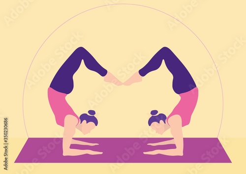 Girls in synchronous Yoga poses. Twins. Stretching, body plastic. Harmony of soul and body, relaxation and meditation. Insight. Occupation at home or in the hall, on the Mat. Around the house plants. 
