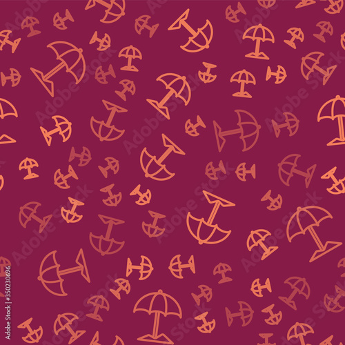 Brown line Sun protective umbrella for beach icon isolated seamless pattern on red background. Large parasol for outdoor space. Beach umbrella. Vector Illustration