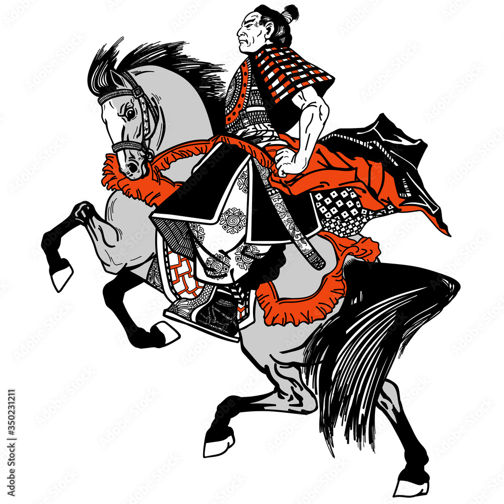 Asian cavalry warrior. Japanese Samurai horseman sitting on horseback, wearing medieval leather armor. Medieval East Asia soldier riding a pony horse in the gallop. Side view. Black grey red vector Asian cavalry warrior. Japanese Samurai horseman sitting on horseback, wearing medieval leather armor. Medieval East Asia soldier riding a pony horse in the gallop. Side view. Black grey red vector