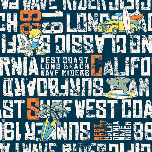 Wave rider west coast California surfing team grunge abstract vector seamless pattern for children wear