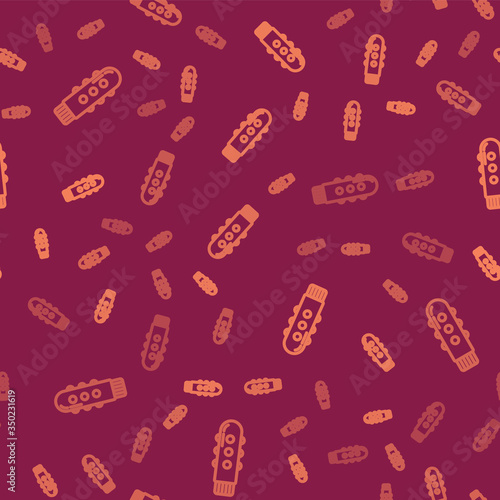 Brown line Dildo vibrator for sex games icon isolated seamless pattern on red background. Sex toy for adult. Vaginal exercise machines for intimate. Vector Illustration