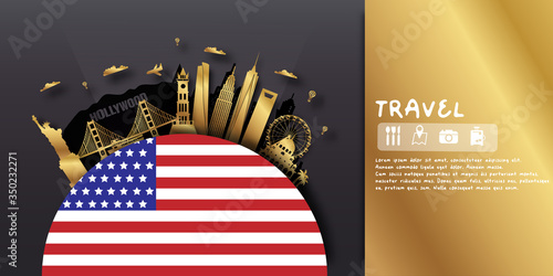 USA America Travel postcard, poster, tour advertising of world famous landmarks. Vectors illustrations