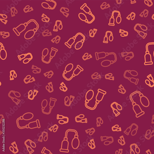 Brown line Penis pump icon isolated seamless pattern on red background. Penis enlarger. Sex toy for men. Vacuum pump with a blower to increase the penis. Vector Illustration