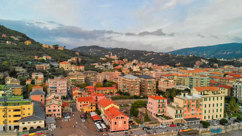 Aerial view of Chiavari, Liguria, Italy. City landscape from drone at sunset