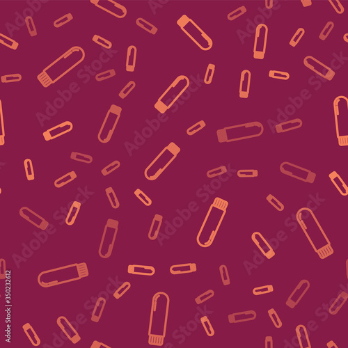 Brown line Dildo vibrator for sex games icon isolated seamless pattern on red background. Sex toy for adult. Vaginal exercise machines for intimate. Vector Illustration