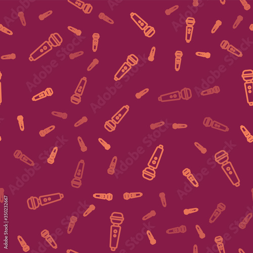 Brown line Dildo vibrator for sex games icon isolated seamless pattern on red background. Sex toy for adult. Vaginal exercise machines for intimate. Vector Illustration
