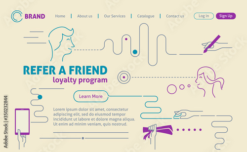 Referral marketing landing page, refer a friend loyalty program, social media promotion.