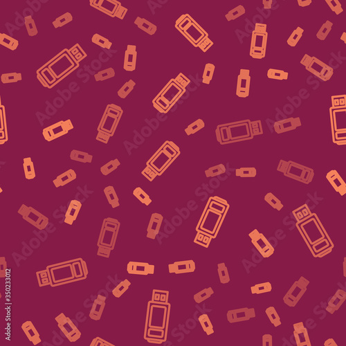 Brown line USB flash drive icon isolated seamless pattern on red background. Vector Illustration