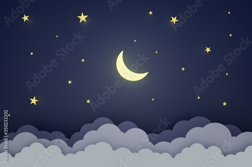 3D Render. The crescent moon and stars shine and the cloudy night sky. Mystical Night sky background. Paper art style. Picture ideas for sleeping well or lulling children to bed, suitable for children
