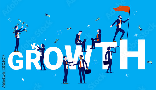 Growth - Business team working with various tasks, and the word growth is growing in background. Success, teamwork progress, and the way forward concept. Corporate vector illustration.