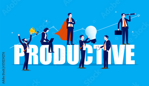 Productive teamwork - A team of businesspeople working on a big word with rising graph in background. Idea work, success, productivity, vision and efficiency concept. Vector illustration.