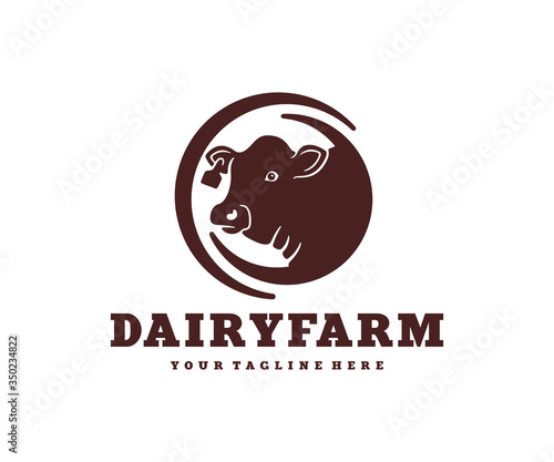 Head of a cow in a circle, livestock farm and cattle breeding, logo design. Animal, stock raising, meat dairy farm and food, vector design and illustration