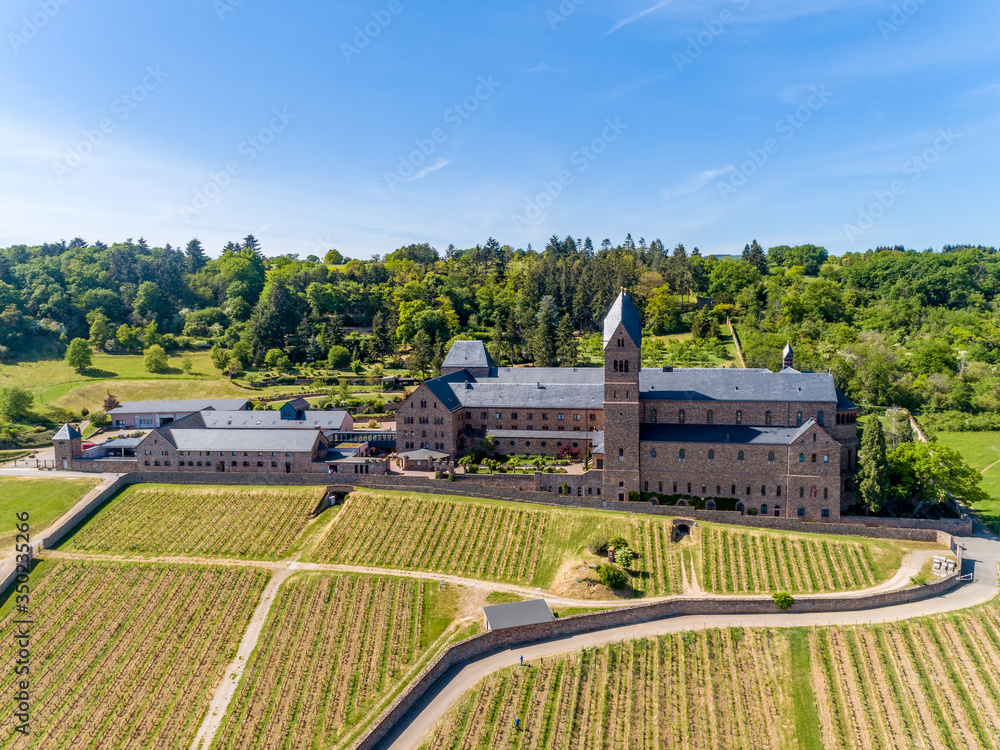 Obraz premium Die Benediktinerinnen-Abtei St. Hildegard (Kloster Eibingen) liegt oberhalb der Stadt Rüdesheim am Rhein, mitten in den Weinbergen. 