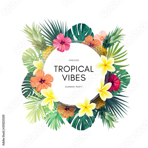 Vector summer design with exotic monstera palm leaves, Frangipani and Hibiscus flowers and space for text. Sale offer template, banner of flyer background. Tropical backdrop illustration.