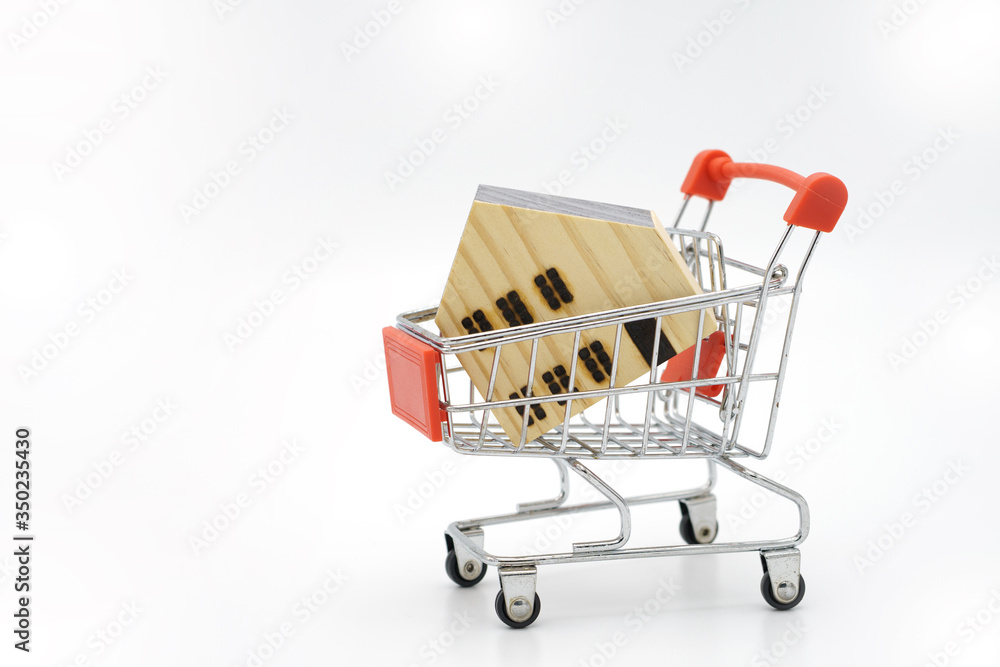 A model house model is placed on a Shopping Cart In the mall.using as background business concept and real estate concept with copy space for your text or design.