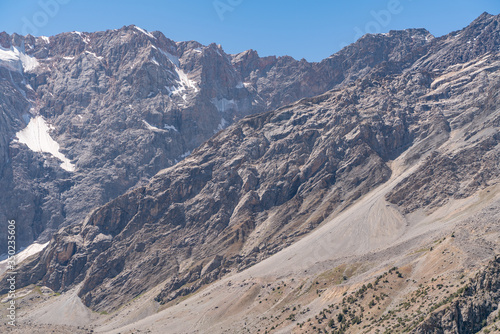 The Pamir range view and peaceful campsite on Kulikalon lake in Fann mountains in Tajikistan. © Aleksey