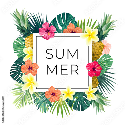 Vector square summer design with exotic monstera palm leaves, Frangipani and Hibiscus flowers, pineapples and space for text. Sale offer template, banner of flyer background. Tropical backdrop