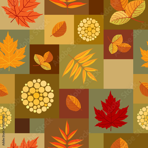 Autumn leaves patchwork pattern. Fall season seamless ornament.