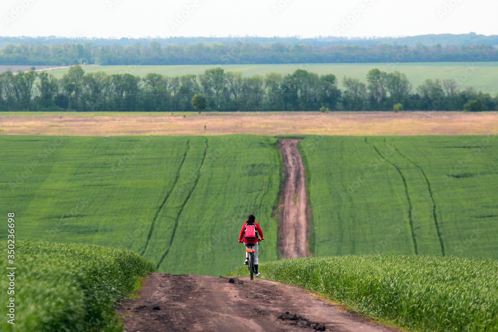 Woman riding a bicycle on a country road in green field at springtime