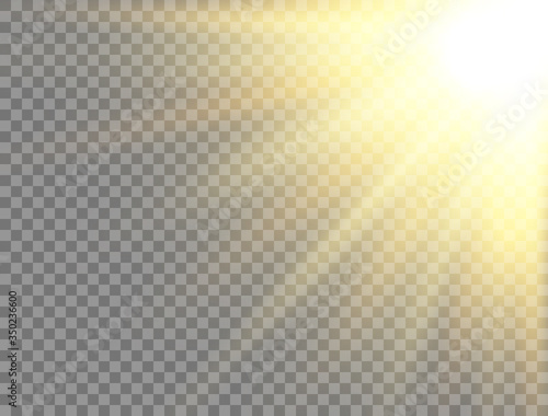 Sun light on transparent background. Golden glowing light effect. Sunlight lens flash. Magic banner. Sunshine with rays. Summer sunny backdrop. Vector illustration