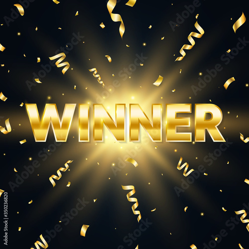 Winner golden text with sparkles and falling confetti. Bright congratulations background. Big win. Winners team. Confetti glitter explosion. Successful champions. Vector illustration