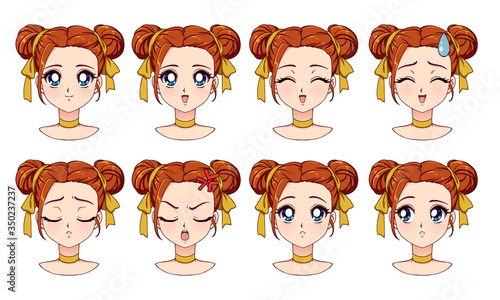 A set of cute anime girl with different expressions.