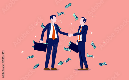 Good deal - Two men shaking hands over a profitable great deal while money raining down. Business sale, partnership, and financial success concept. Vector illustration.