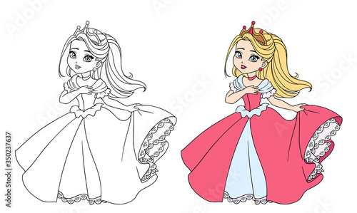 Beautiful little princess wearing long ball dress.
